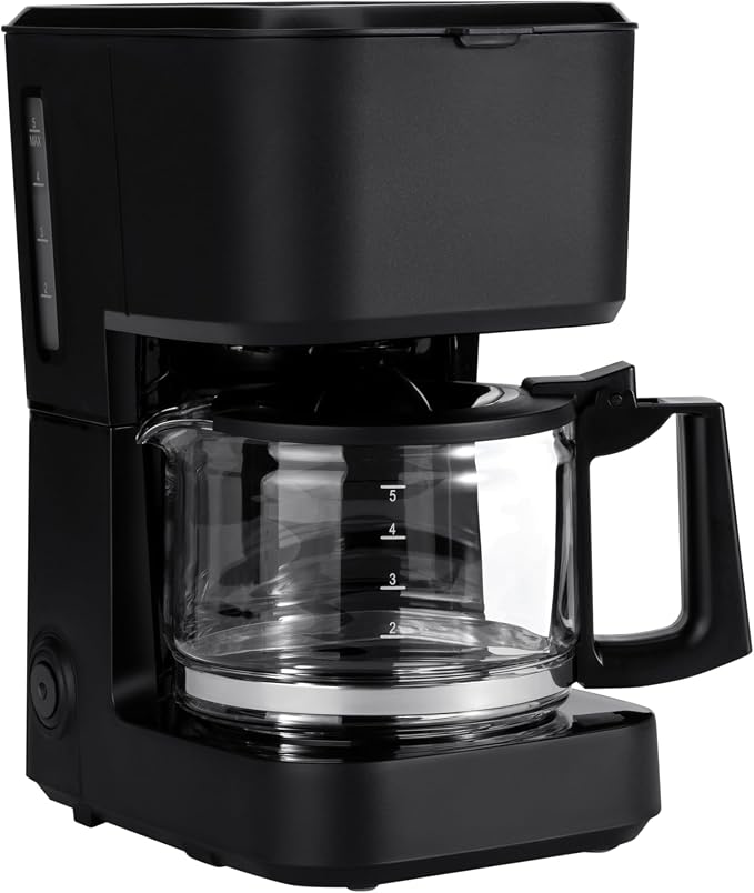 Amazon Basics five-cup drip coffee maker with black body and glass carafe.