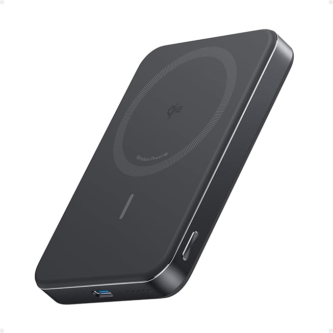 Black Anker MagGo Power Bank 10K Slim with its magnetic charging surface visible.