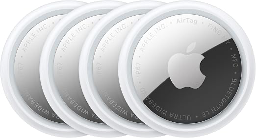 Four second-generation Apple AirTag trackers arranged as a four-pack.