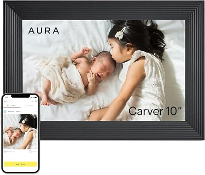 Aura Carver 10-inch digital picture frame in black with the Aura mobile app shown beside it.