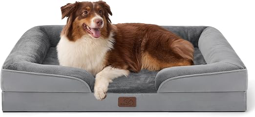 Bedsure orthopedic pet sofa in gray with a dog resting inside.