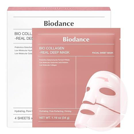 BIODANCE Bio-Collagen Real Deep Mask four-sheet box with one hydrogel mask displayed.