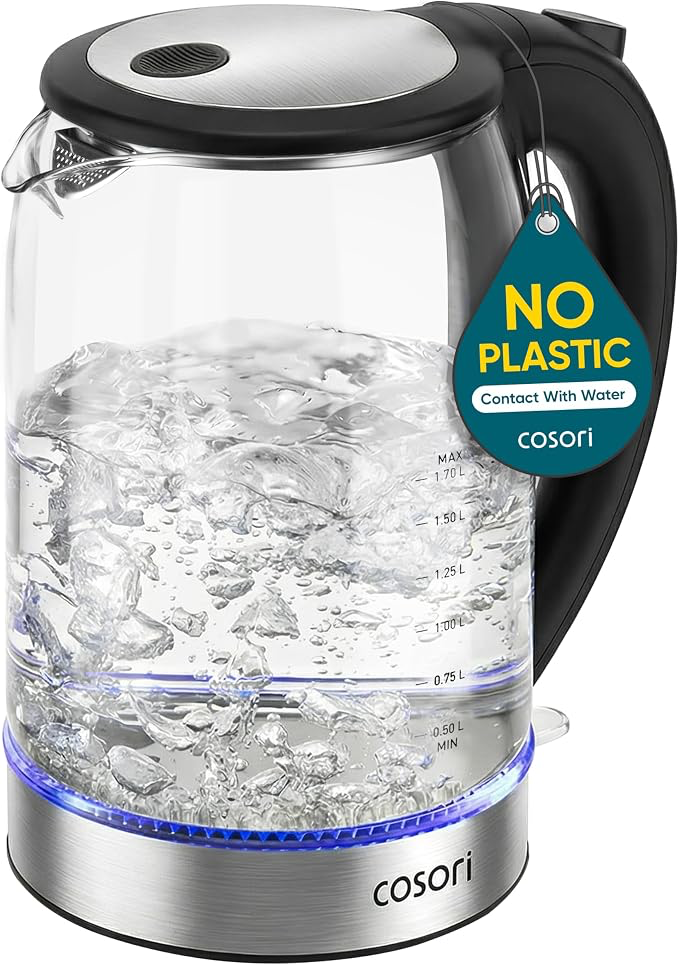 COSORI glass electric kettle with black handle and blue base light.