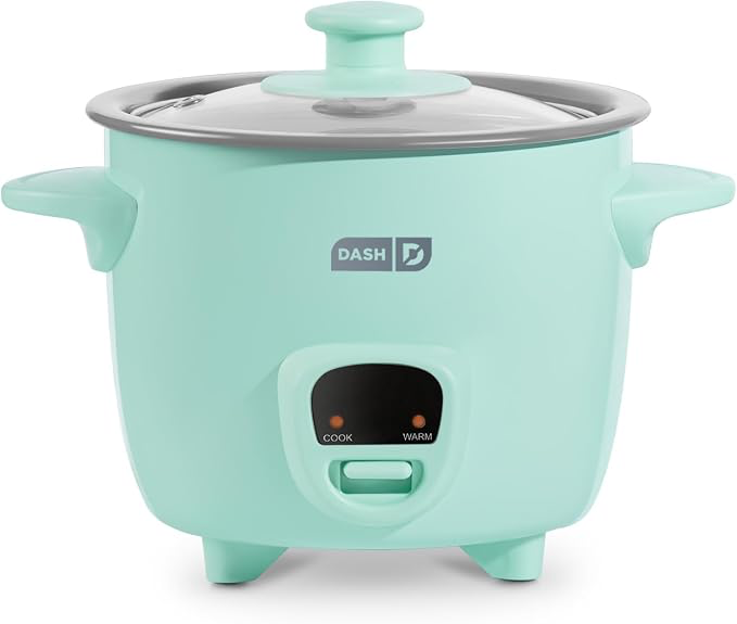Dash Mini Rice Cooker in aqua with glass lid and Cook and Warm control.