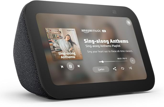 Amazon Echo Show 5 smart display in Charcoal viewed from the front.