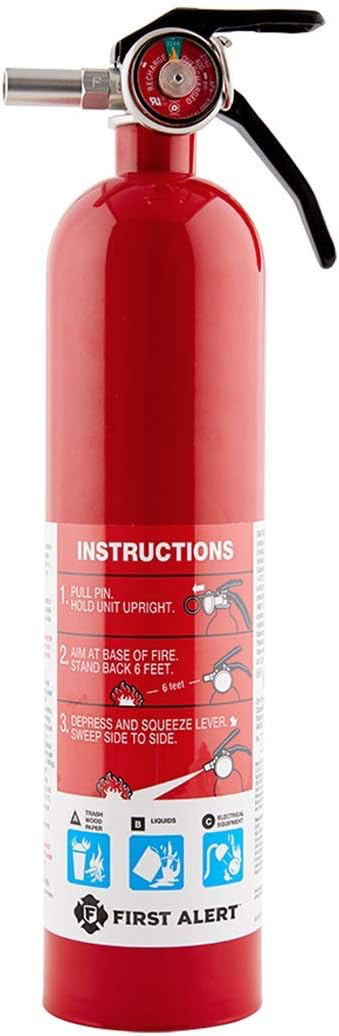 First Alert HOME1 rechargeable red fire extinguisher with pressure gauge.