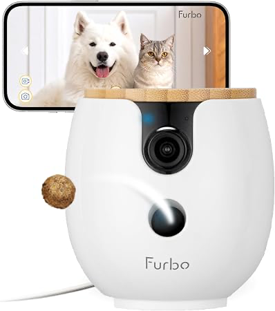 Furbo Mini 360 pet camera with its treat-tossing feature in use.