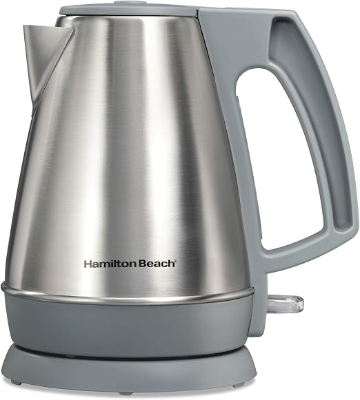 Hamilton Beach one-liter stainless-steel electric kettle on its base.