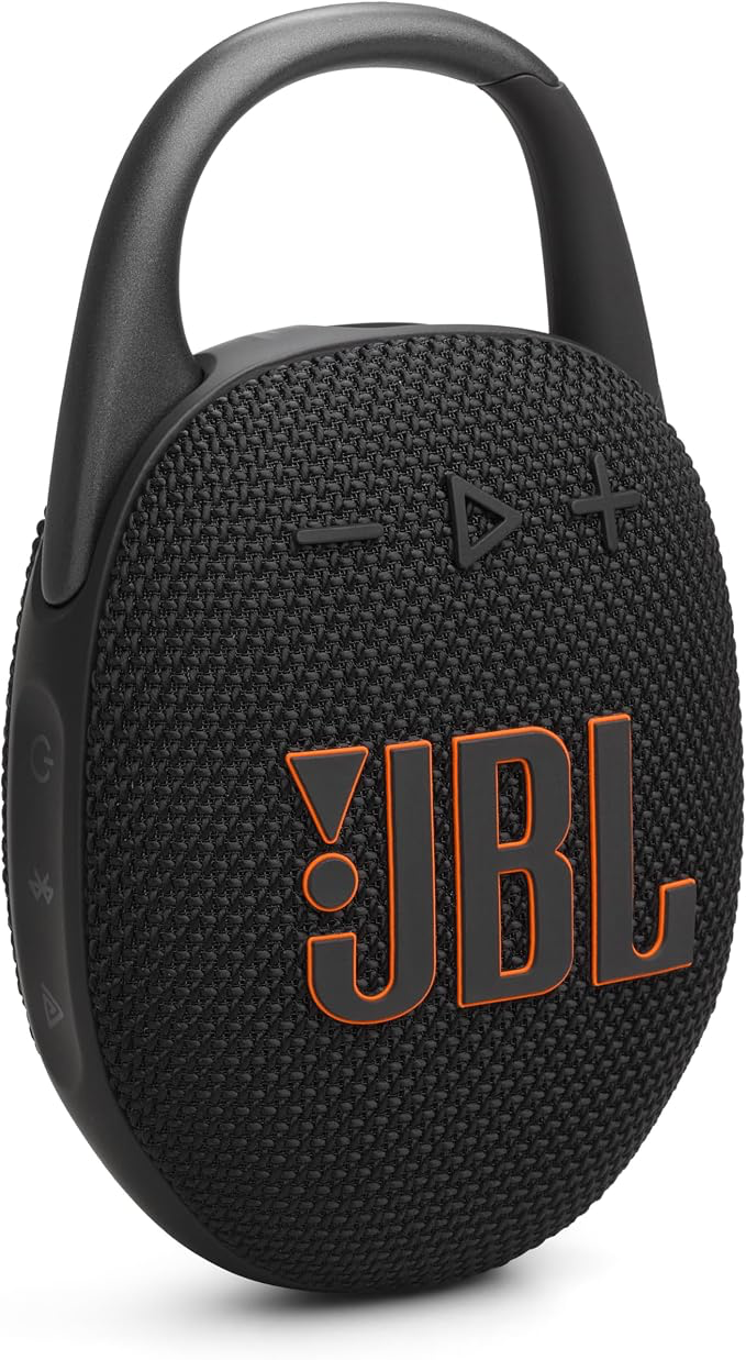 Black JBL Clip 5 portable speaker with its integrated carabiner.