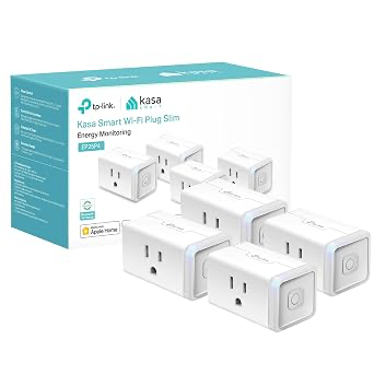Four Kasa EP25 smart plugs arranged beside their retail box.