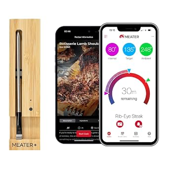 MEATER Plus wireless thermometer probe, bamboo charger, and mobile app screens.