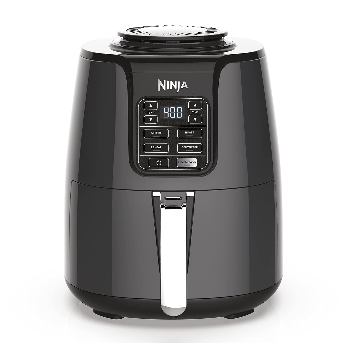 Ninja four-quart air fryer in black with its digital control panel visible.