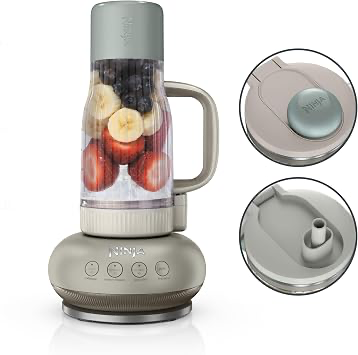 Ninja BlendBOSS personal blender with filled blending vessel and lid details.