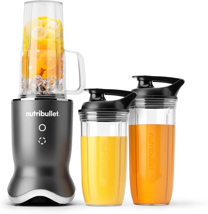 nutribullet Ultra personal blender with one blending cup and two travel cups.