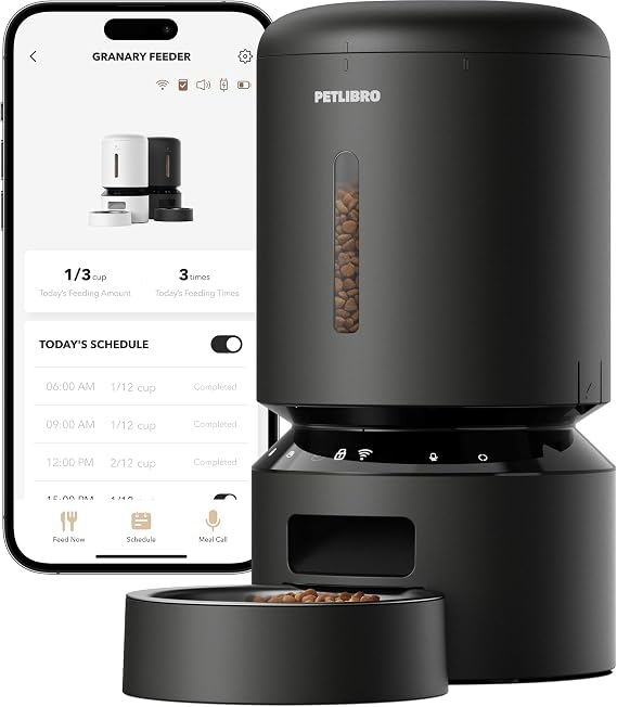 Black PETLIBRO Granary WiFi pet feeder beside its mobile app controls.
