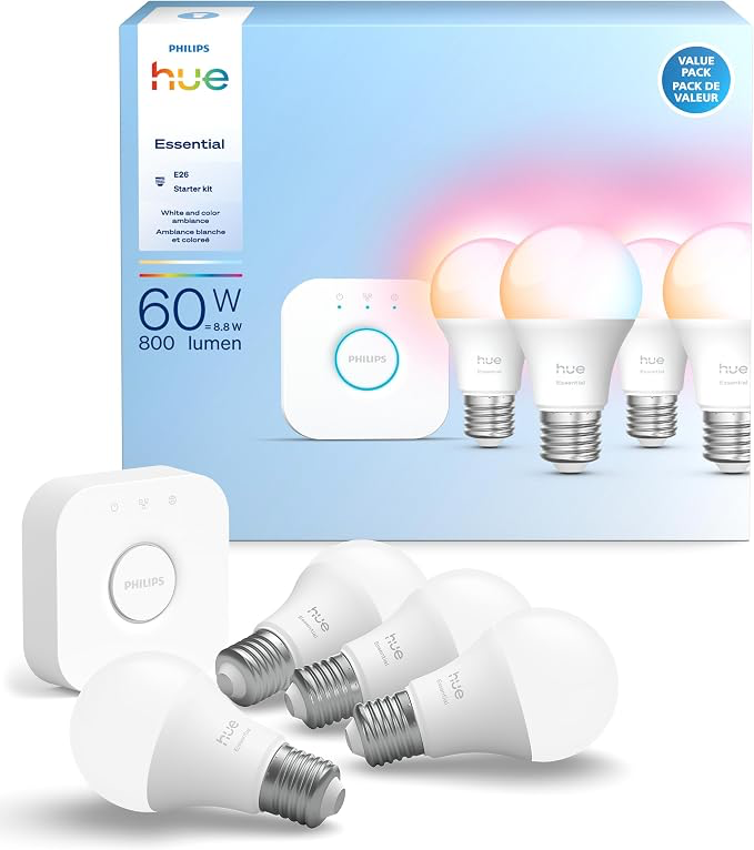Philips Hue Essential starter kit with four color bulbs, bridge, and retail box.