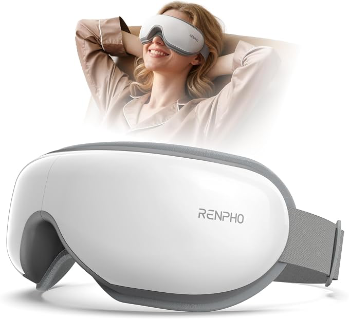 White RENPHO Eyeris 1 eye massager shown with its adjustable head strap.