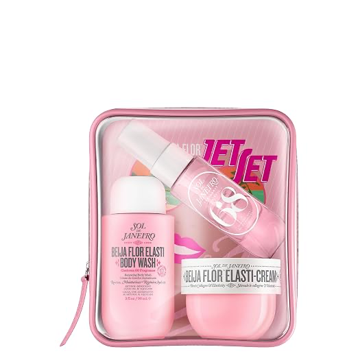 Sol de Janeiro Beija Flor Jet Set with three travel-size products in a pink bag.