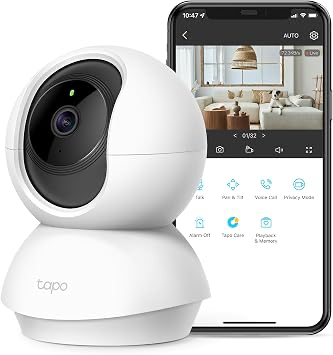 TP-Link Tapo C210 pan-and-tilt camera beside its mobile app view.