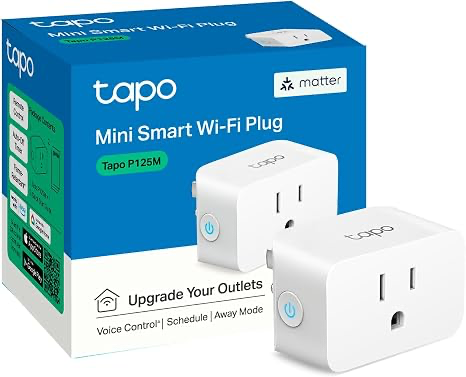 TP-Link Tapo P125M Matter smart plug shown beside its retail box.
