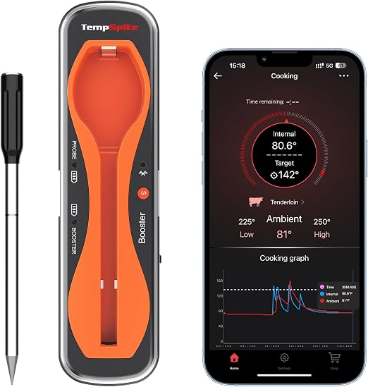 ThermoPro TempSpike TP960 probe and orange booster beside its mobile app cooking display.