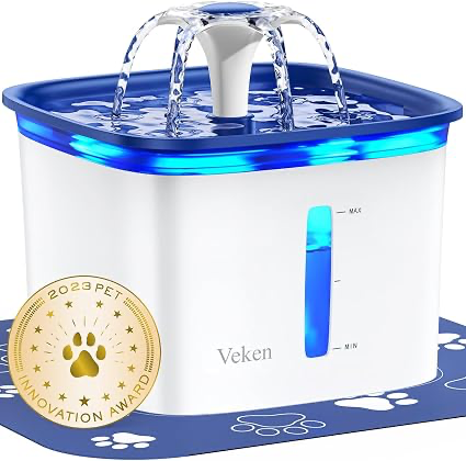 Veken 95-ounce pet fountain in blue and white with water flowing from four streams.